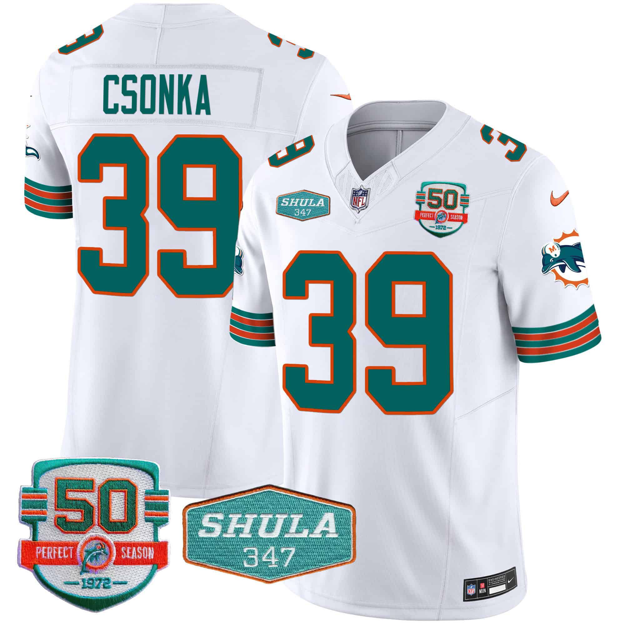 Men Miami Dolphins 39 Csonka White 2024 Nike Throwback Shula 347 Patch Vapor NFL Jersey